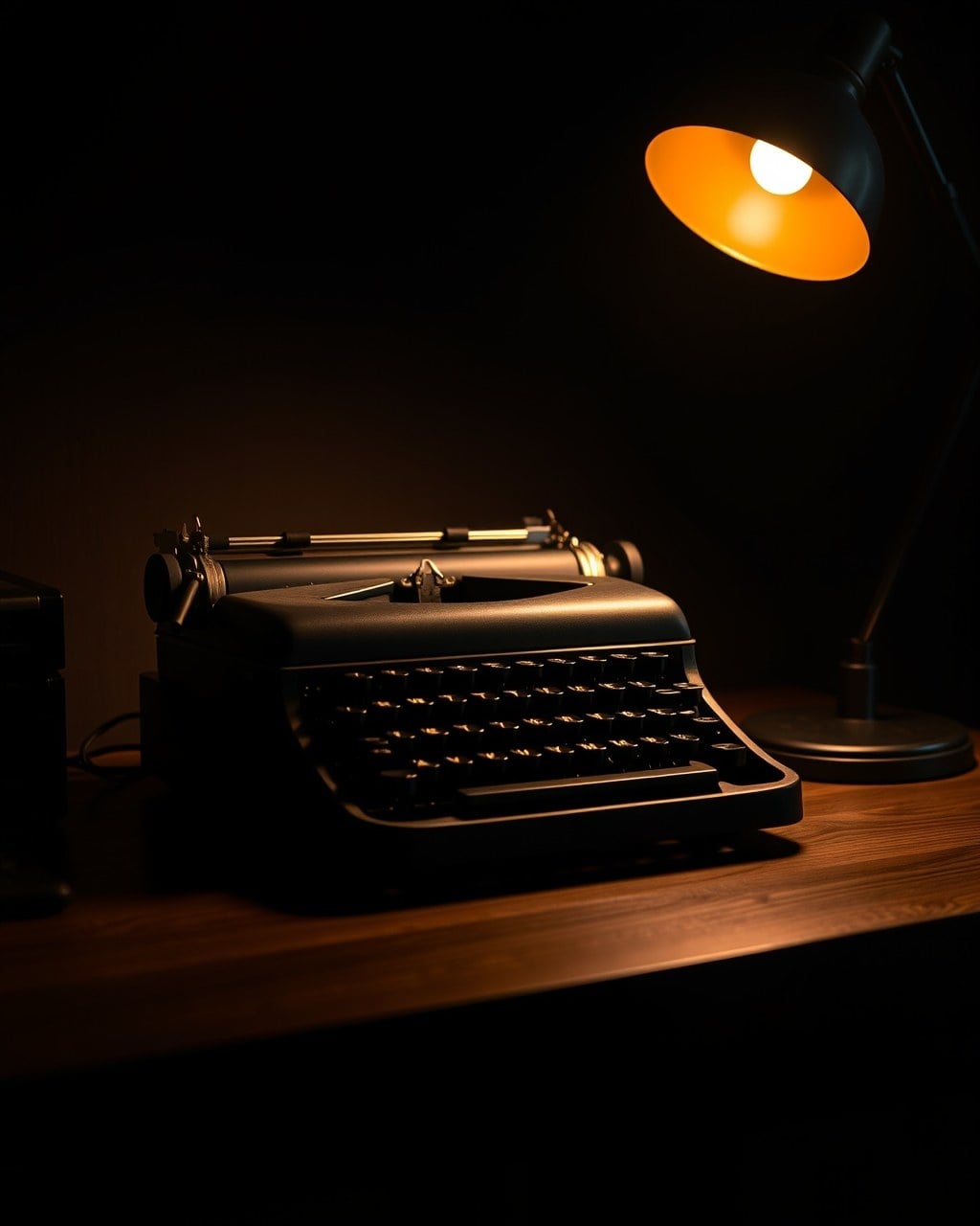 Editorial brand photography — vintage typewriter on a dark walnut desk, warm amber key light