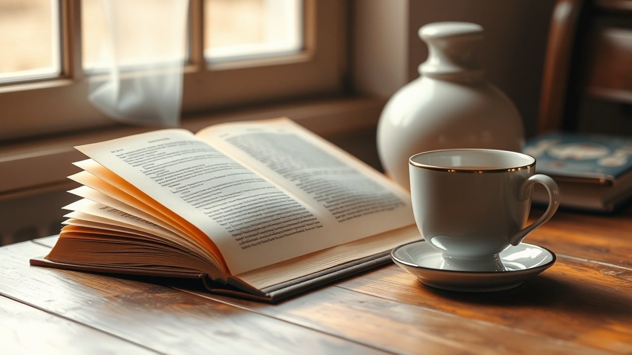 Editorial newsletter cover — open book and warm cup of tea, soft window light